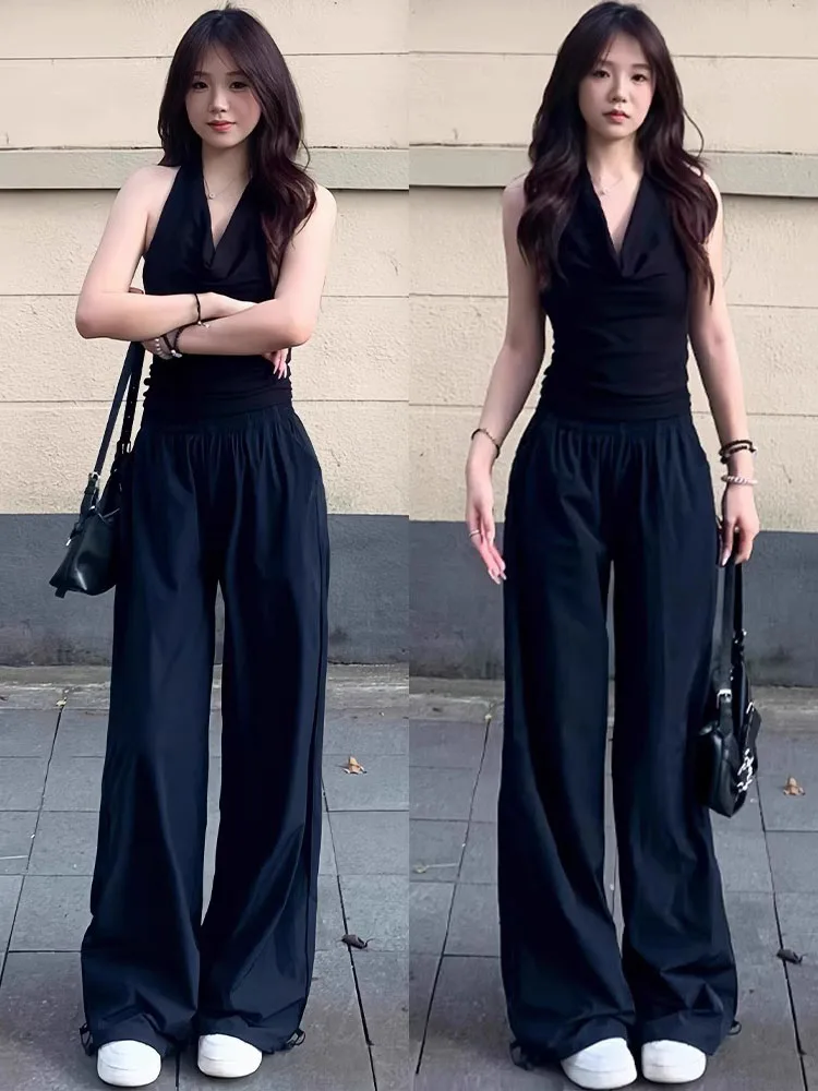 

Cobalt Blue High Waist Thin Ice Silk Drapey American Retro Slim Straight Leg Summer Work Trousers Women's Casual Sports Pants