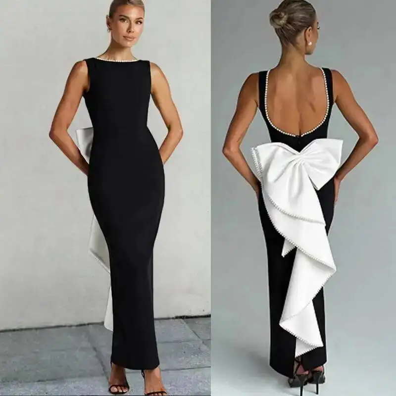 Sexy robes de soirée femmes 2025 été perle arc Club bal Maxi longue robe élégante sans manches dos nu moulante robes