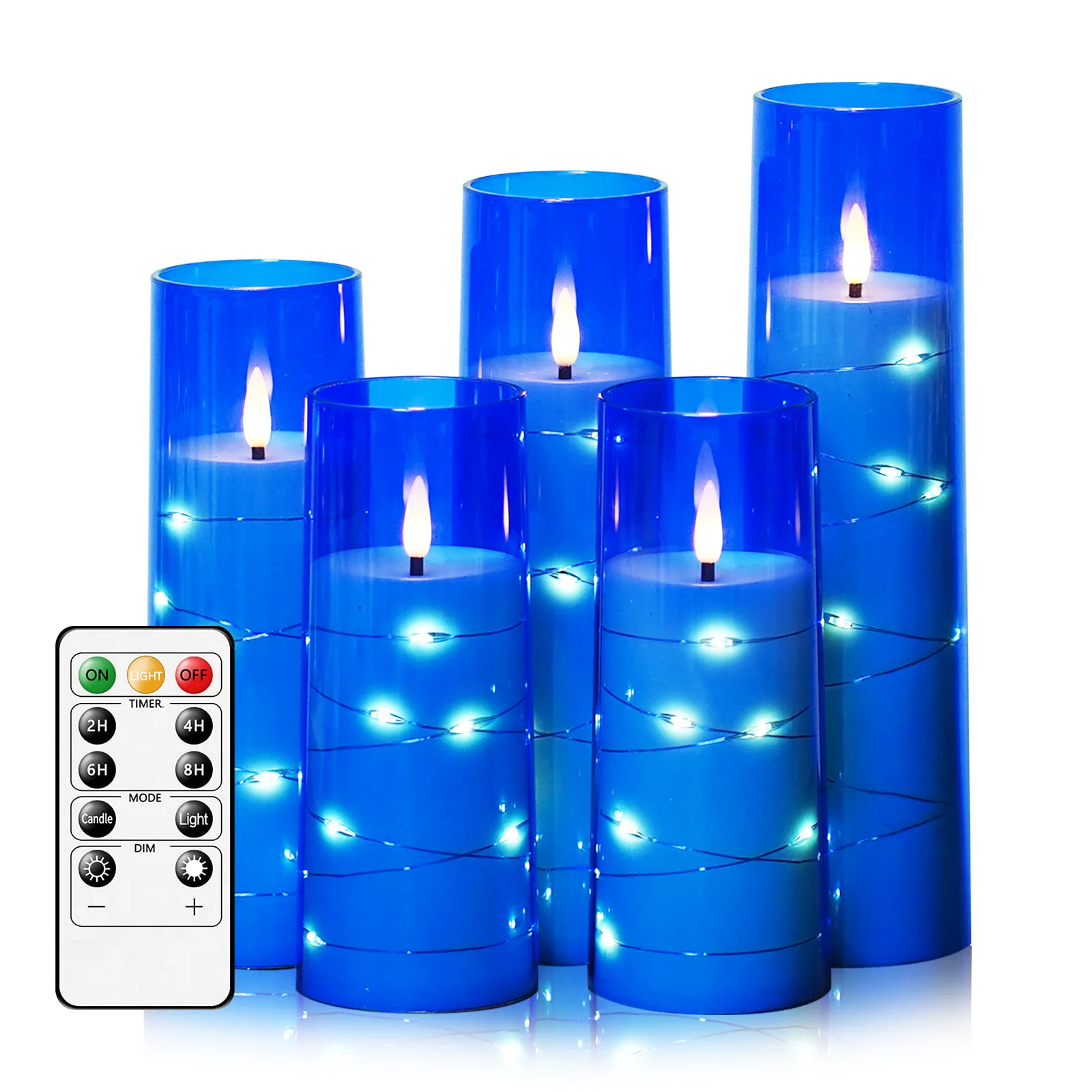 5Pcs Blue Flameless LED Candles With Timer Flickering Acrylic Shell Embedded Star String Halloween Home Bedroom Bath Party Decor