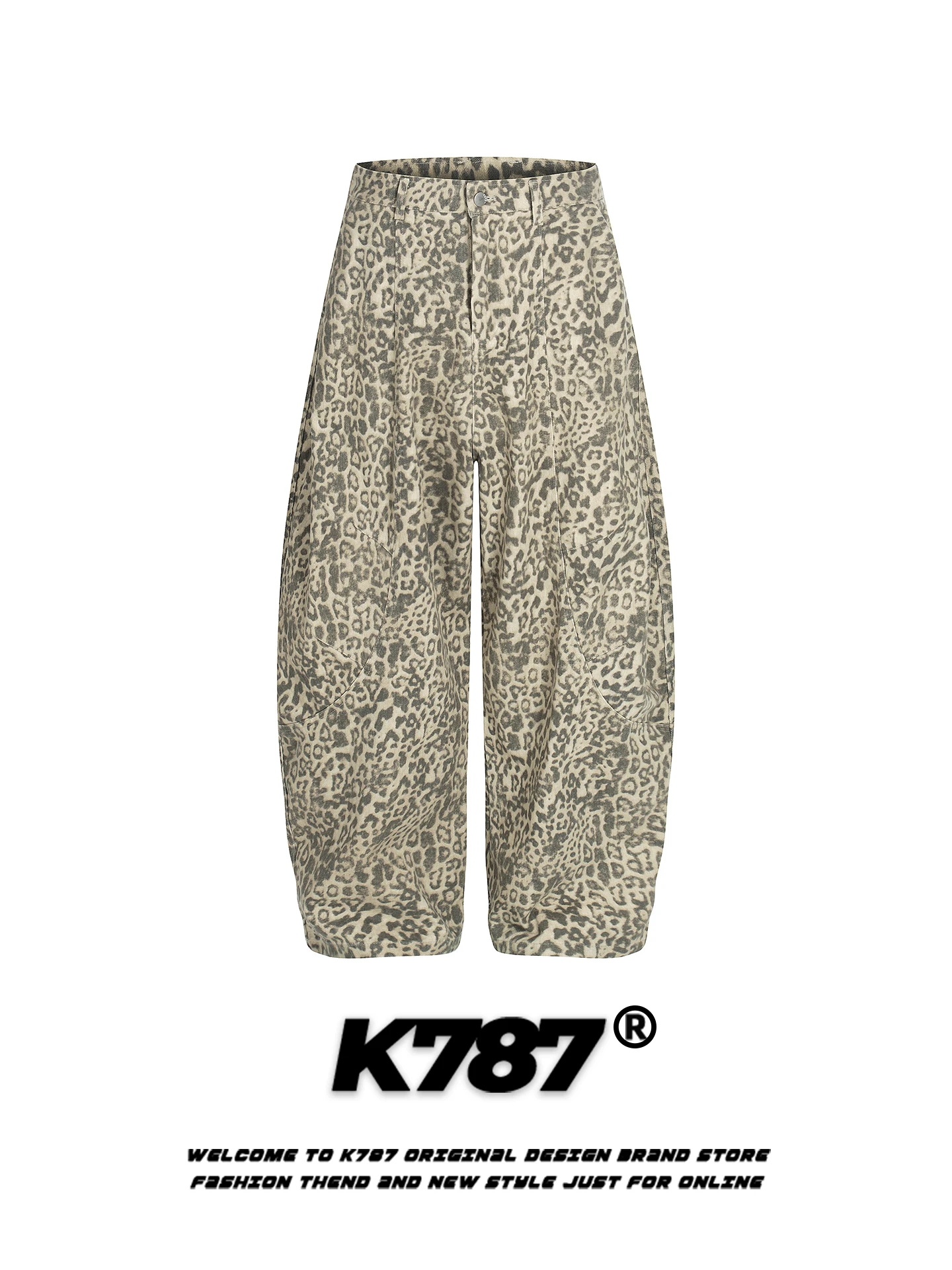 

K787 American Sle Vintage Distred Leopard Print Curved Knife Pants Loose Fit Casual High Waist Slimming Banana Wide Leg ...