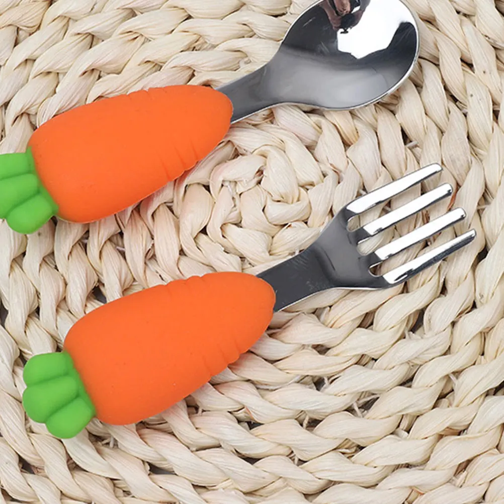 

2pcs Cartoon Carrot Stainless SteelToddler Fork Silicone Handle Non Slip Toddler Forks And Spoons For Self Feeding Kids Feeding