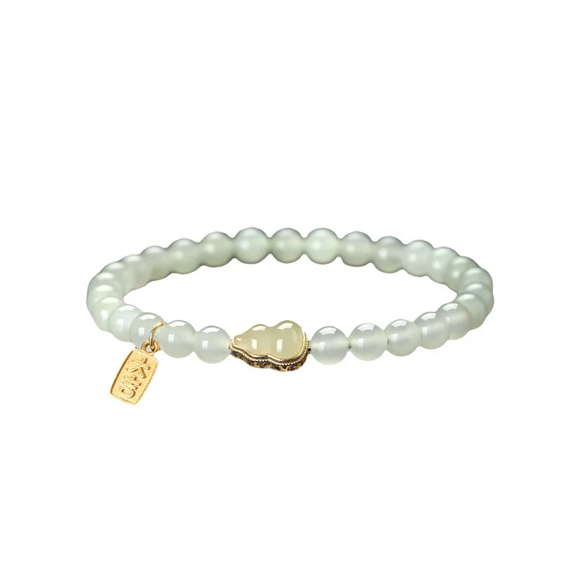Chinese Style Natural Hetian Jade Beaded Bracelet For Women Lucky Gourd Pendant Auspicious Tag Feng Shui Fortune Blessing Jewelr