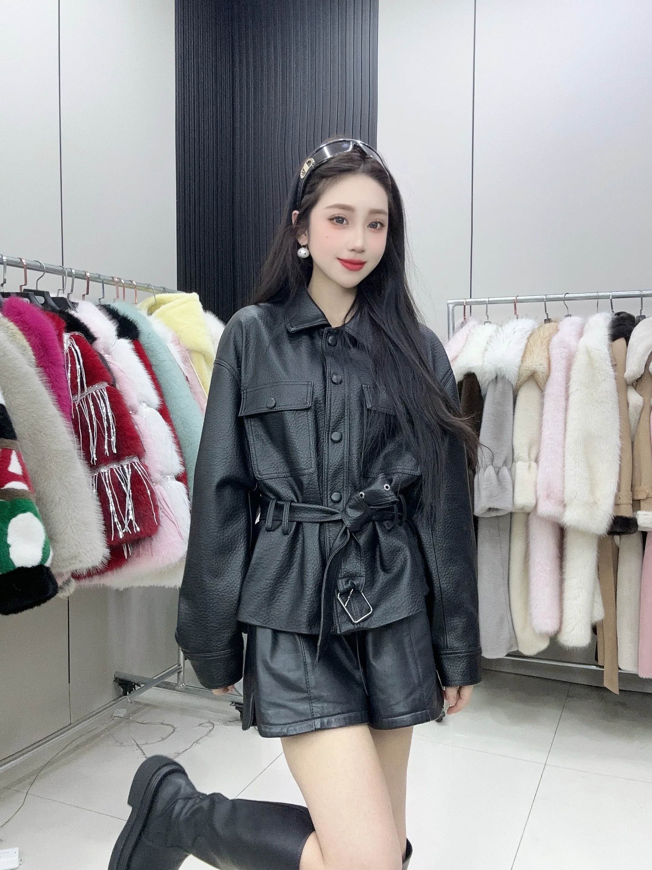 2025 Spring and Autumn Leather Jacket Temperament Waist Lapel Burgundy Leather Jacket Single-breasted Black Leather Jacket