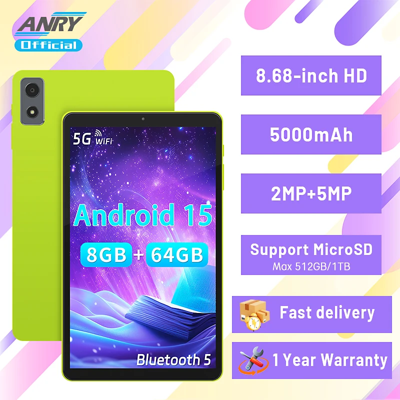 

Tablettes 2025, ANRY 8 ГБ + 64 ГБ, 5000 мАч, планшетный ПК на базе Android 15, 8,68 дюйма, 2 МП + 5 МП, 5 ГБ, двойной Wi-Fi, Bluetooth GPS, расширение 1 ТБ