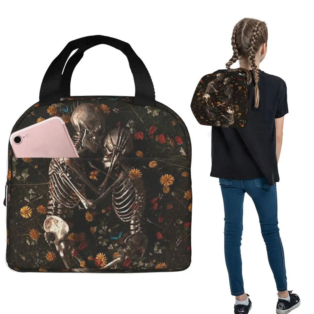 Two Love Skeleton Surrounded By Floral Insulated Lunch Bag for Women Children Portable Food Boxes Thermal Lunch Box Tote