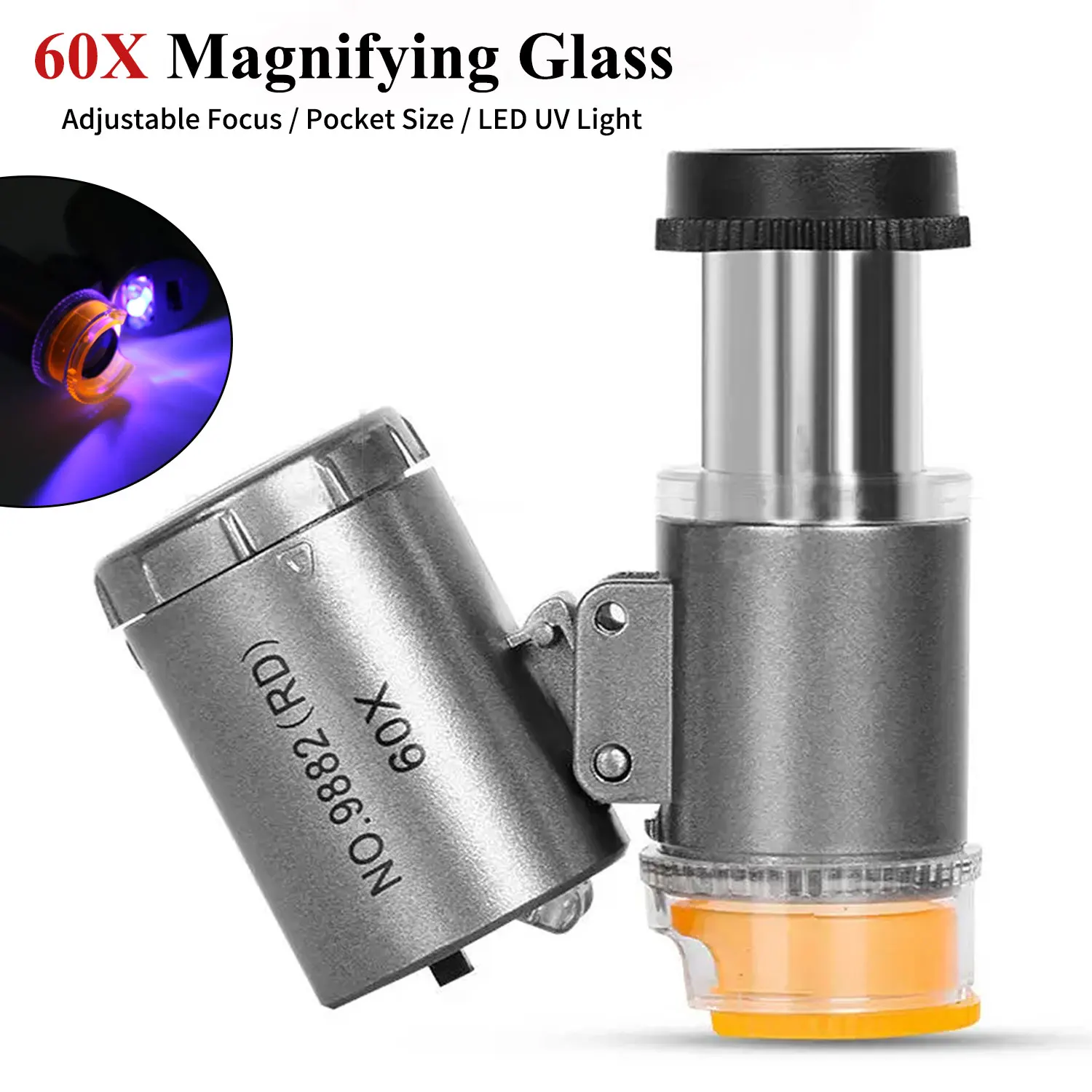 Mini Lupa Microscópio de Bolso com Luz uv Led Jóias Lupa Jewelers Eye Loupe para Moedas de Diamante Moeda 60x