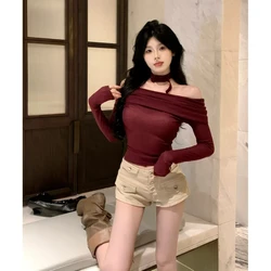 Spicy Girl Style One Shoulder Dark Purple Long Sleeved T-shirt for Women with Collar Slim Fit and Sexy Top