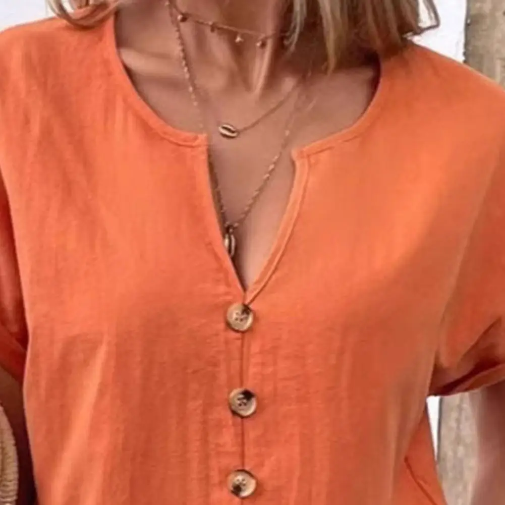 

Comfortable Women Top Stylish Women's V-neck Buttoned Shirt for Summer Wear Loose Fit Short Sleeve Tee Solid Color Fashionable