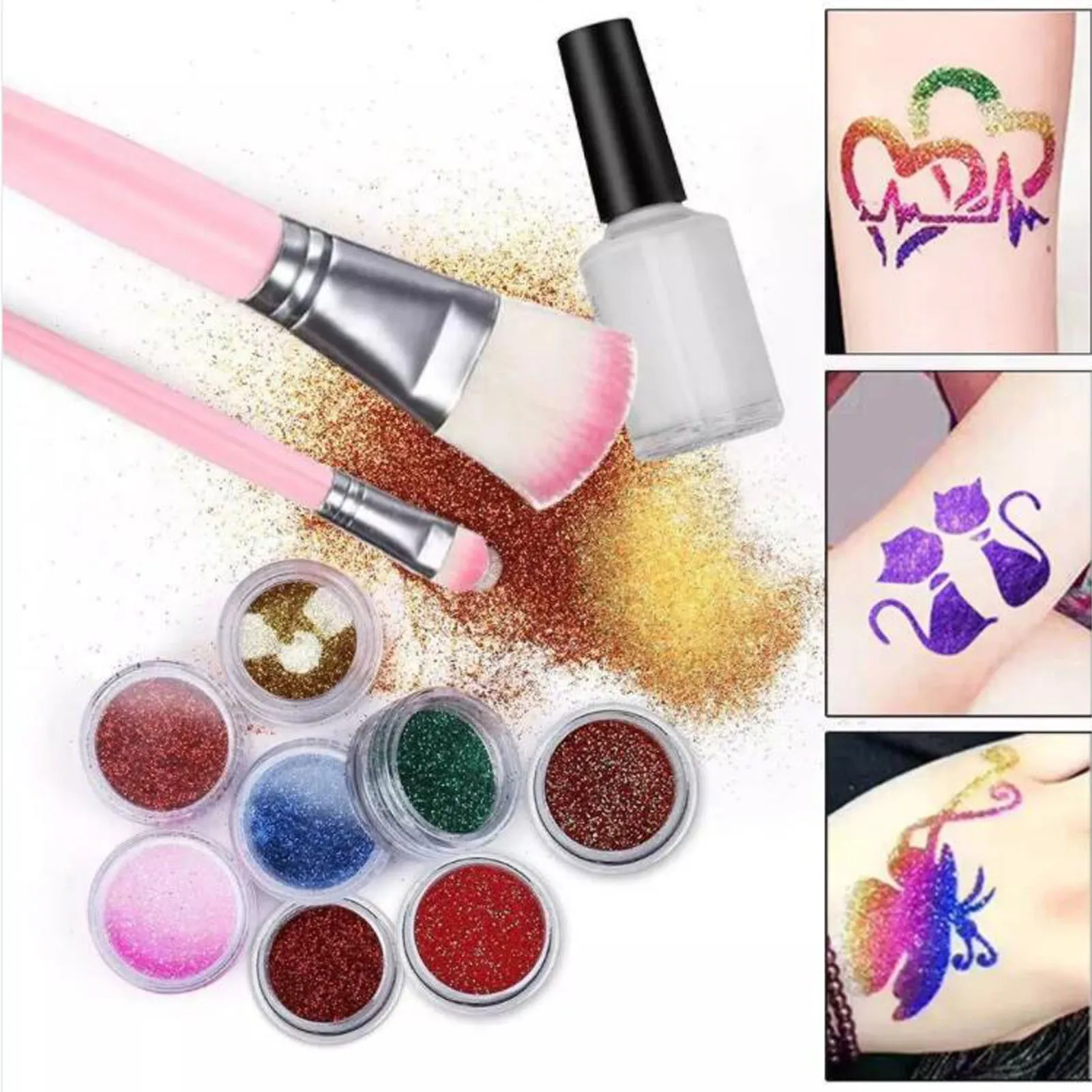 Tijdelijke Tattoo Glitter Kit 24 Kleuren Face Body Glitter Poeder Tattoo Stencil Brush Set Voor Party Tijdelijke Tattoo Glitter Kit