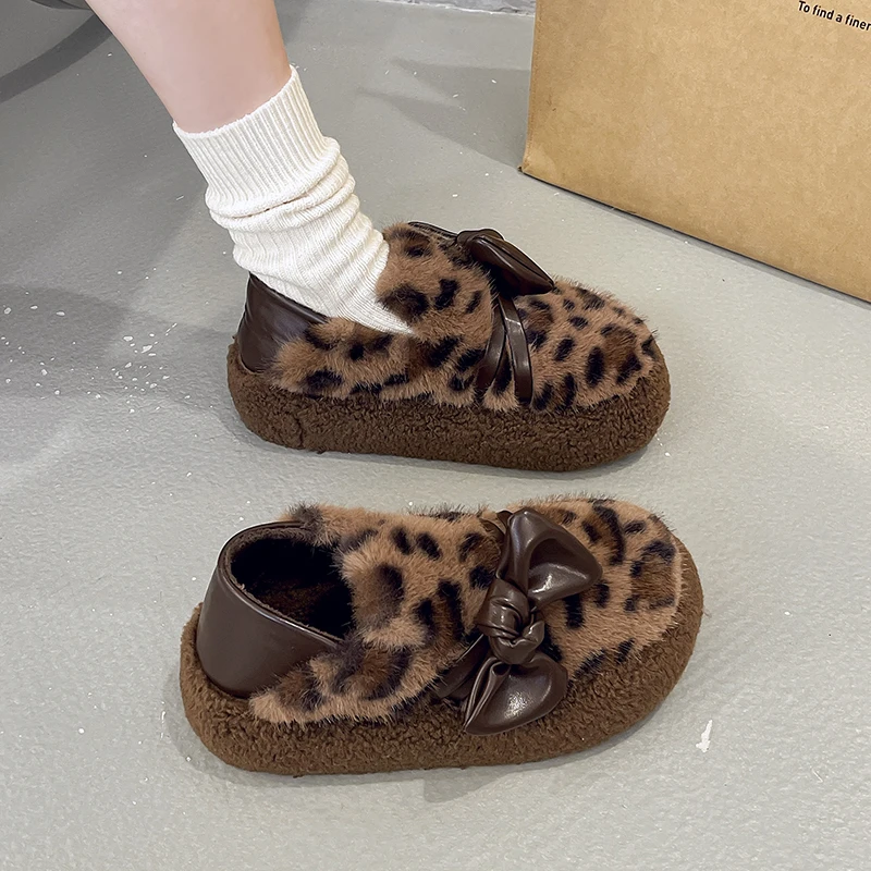 Winter New Flat Snow Boots Women's Round Head Deep Mouth Butterfly Knot Leopard Print Thick Sole Non-slip Cotton Shoes image 3