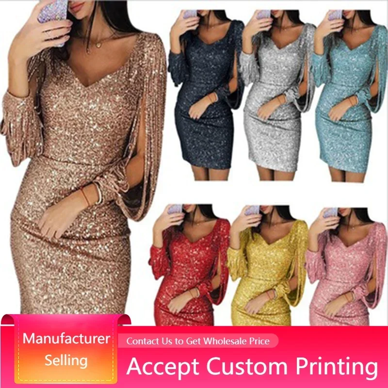 

Women Sequin Dress Glitter Sparkle Sexy Deep V Neck Short Dress Above Knee Length Long Tassel Sleeve Dress