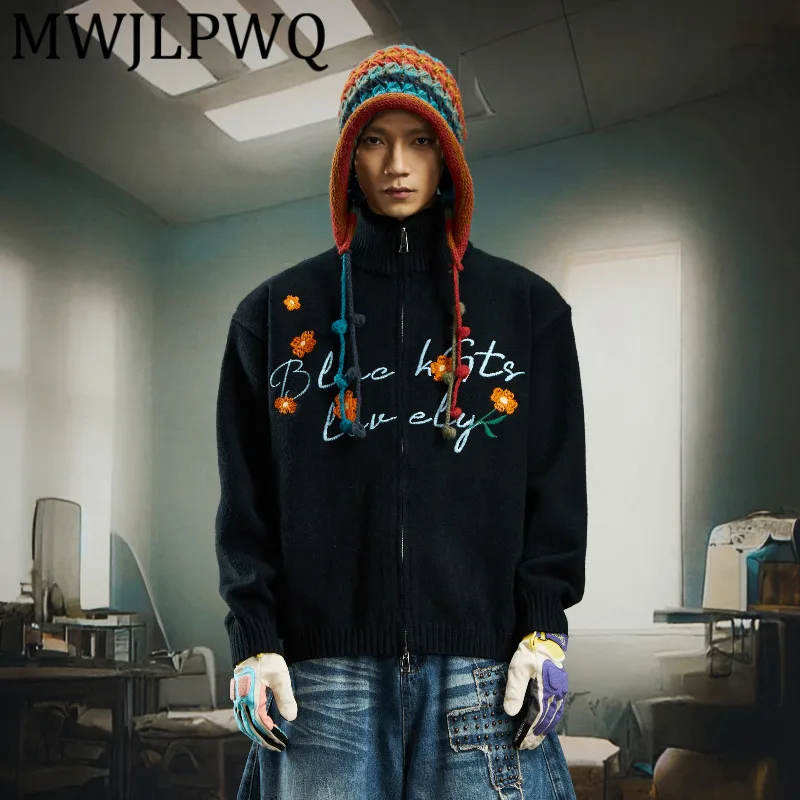 

MWJLPWQ Embroidered Male Streetwear Stand Collar Zipper Cardigan Sweater Loose Spliced Lazy Autumn Winter Tops 2025 Chic 12534