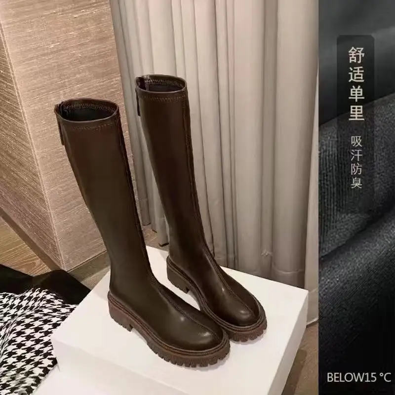 Long Short Boots No More Than Knee Boots for Women Autumn/Winter 2024 with Fleece Slim Brown Tall Knight Boots