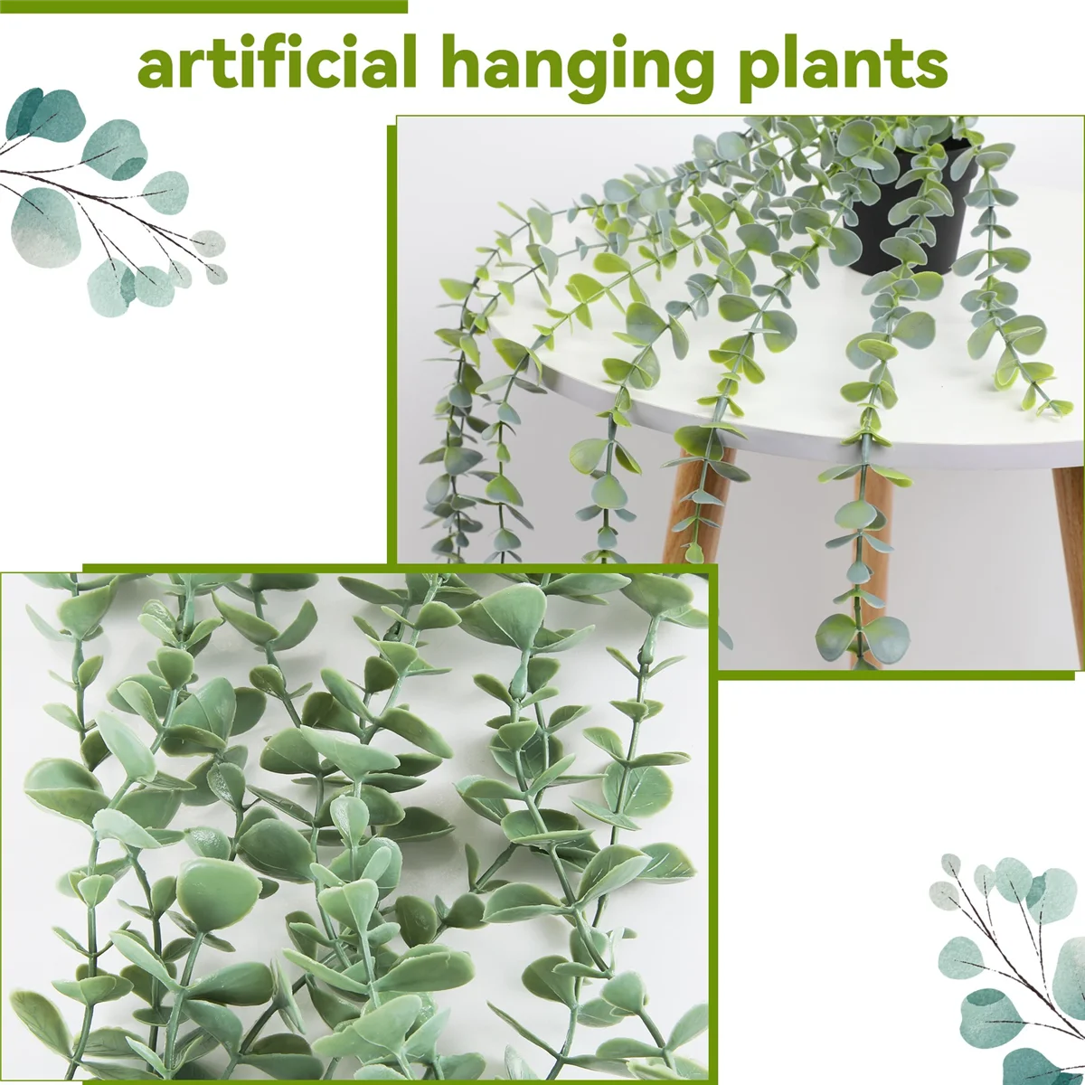 AT77 1 قطعة نباتات معلقة اصطناعية وهمية بوعاء الأوكالبتوس نبات معلق لغرفة الحائط المنزل فناء داخلي ديكور خارجي