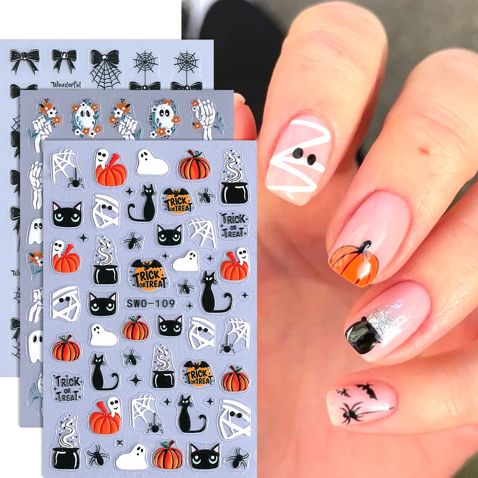 

1/3pcs 3D Halloween Nail Stickers Pumpkin Ghost Spider Skull Design Bow Flower Cute Cat Adhesive Slider Decals Manicure Decor