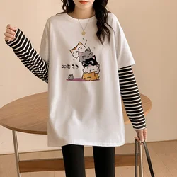 Harajuku pure cotton Long Sleeve cartoon printed T-shirt for Women Y2k Aesthetic Tops Striped patchwork fake two pieces T Shirt