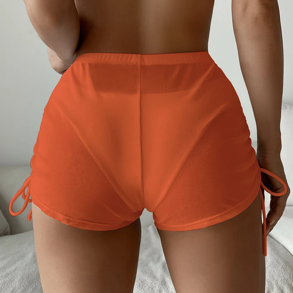 Biquíni de cintura alta feminino, maiô com cordão transparente, calções de banho, tankini, verão