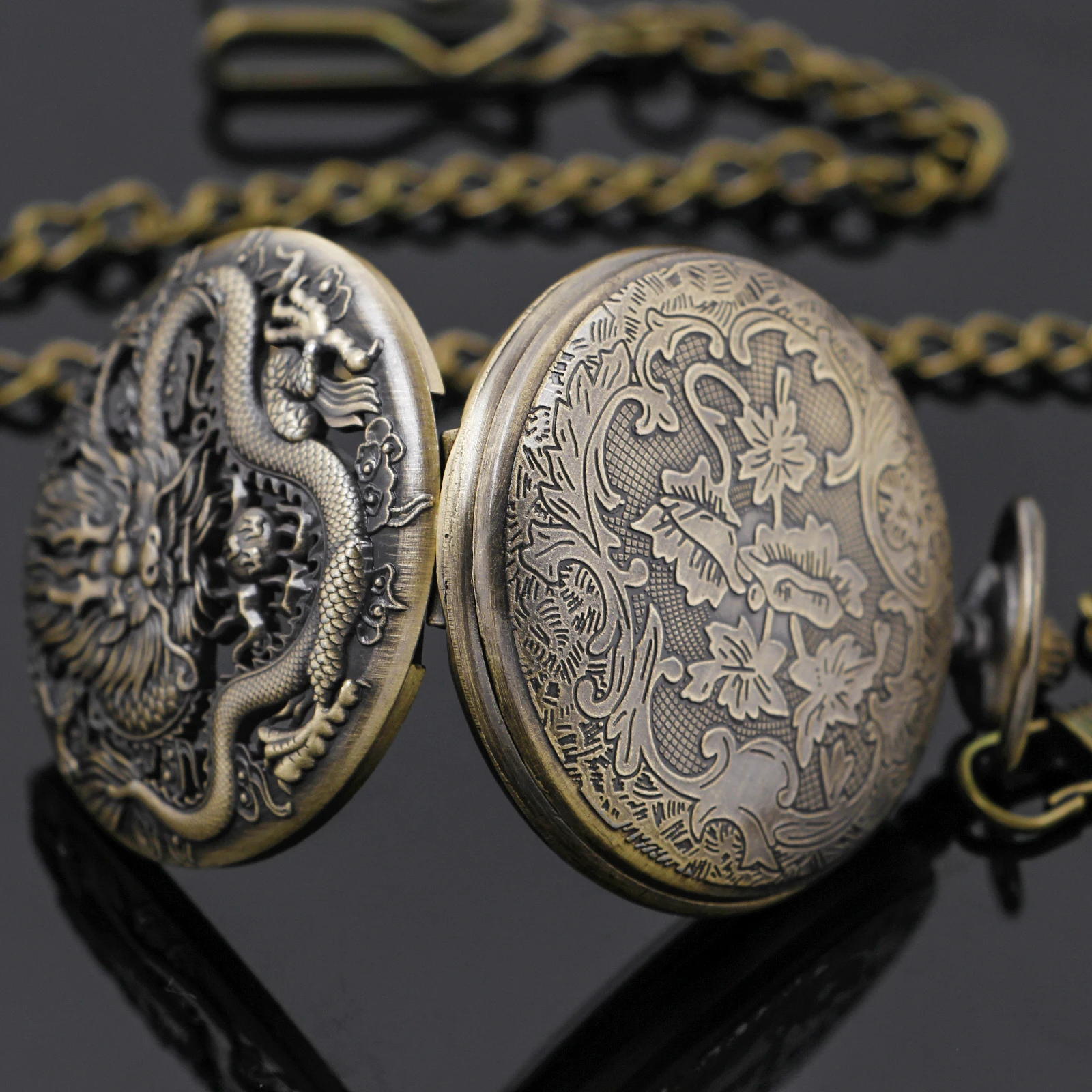 Винтажные бронзовые карманные часы с полым дизайном дракона, кварцевые карманные часы для женщин и мужчин с цепочкой, ювелирные аксессуары, подарки