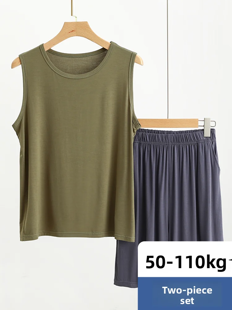 

Modal Men's Tank Top Shorts Thin Elastic Waist Home Sleepwear Pants Large Size Sleeveless Fitness Sports Set round Neck