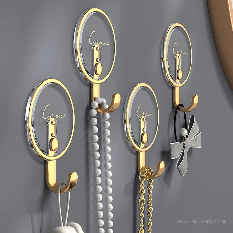 Strong Adhesive Wall Load-Bearing Hook Multifunctional Transparent Non Perforated ABS Towel Key Circular Gold Edge Bathroom 8Pcs