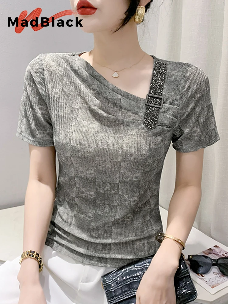 MadBlack Summer European Clothes Tshirts Female Sexy Thin Slant Shoulder Hot Drill Slim Mesh Tops Short Sleeve Tees New T35021C