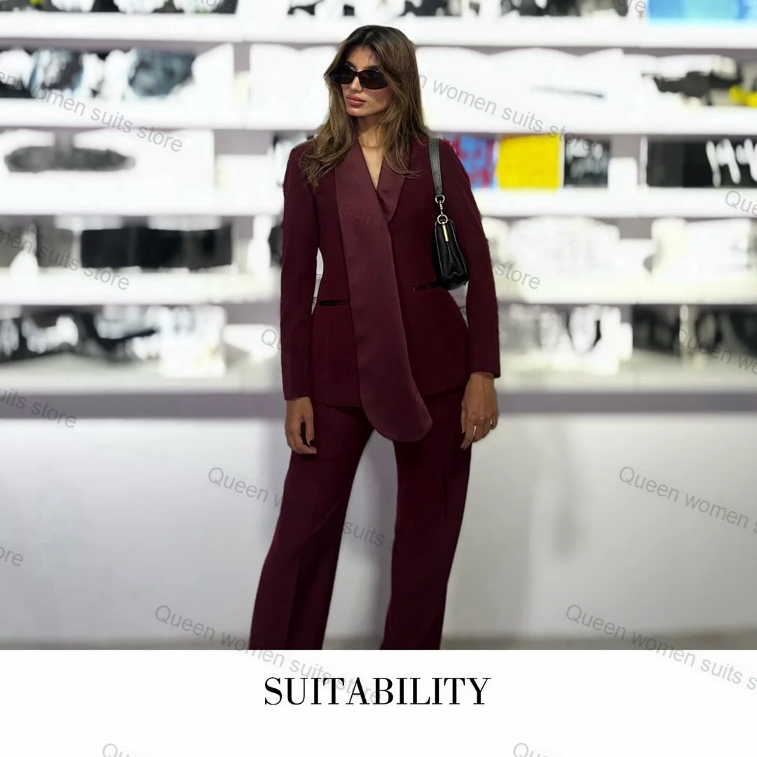 

Burgundy Formal Women Suit Pants Set 2 Piece Blazer+Trousers Office Business Lady Jacket With Long Lapel Coat Customized Outfit