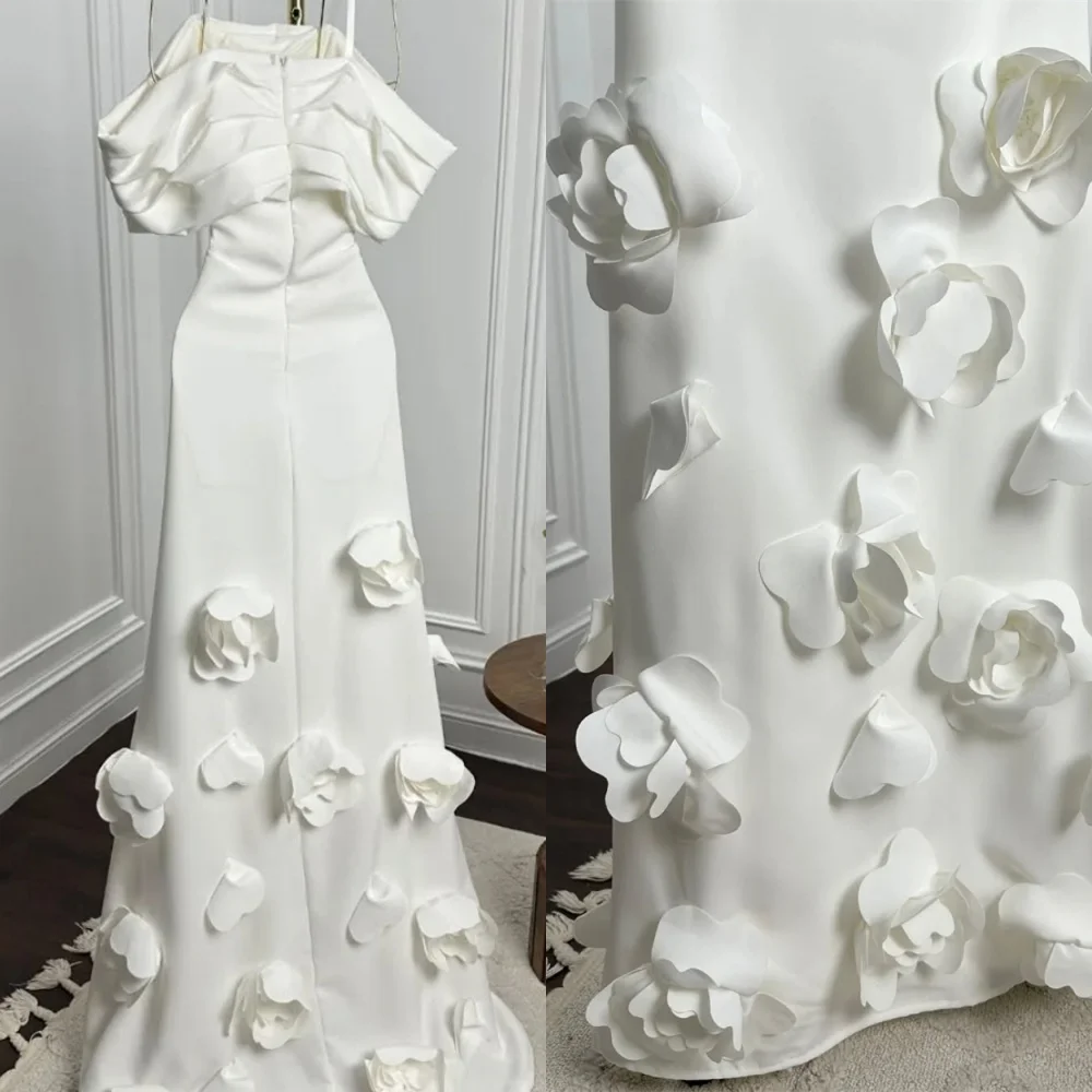 Customized Delicate White Jersey Evening Dress Exquisite Off the Shoulder Flowers Sweep Train Party Dress Vestido De Festa