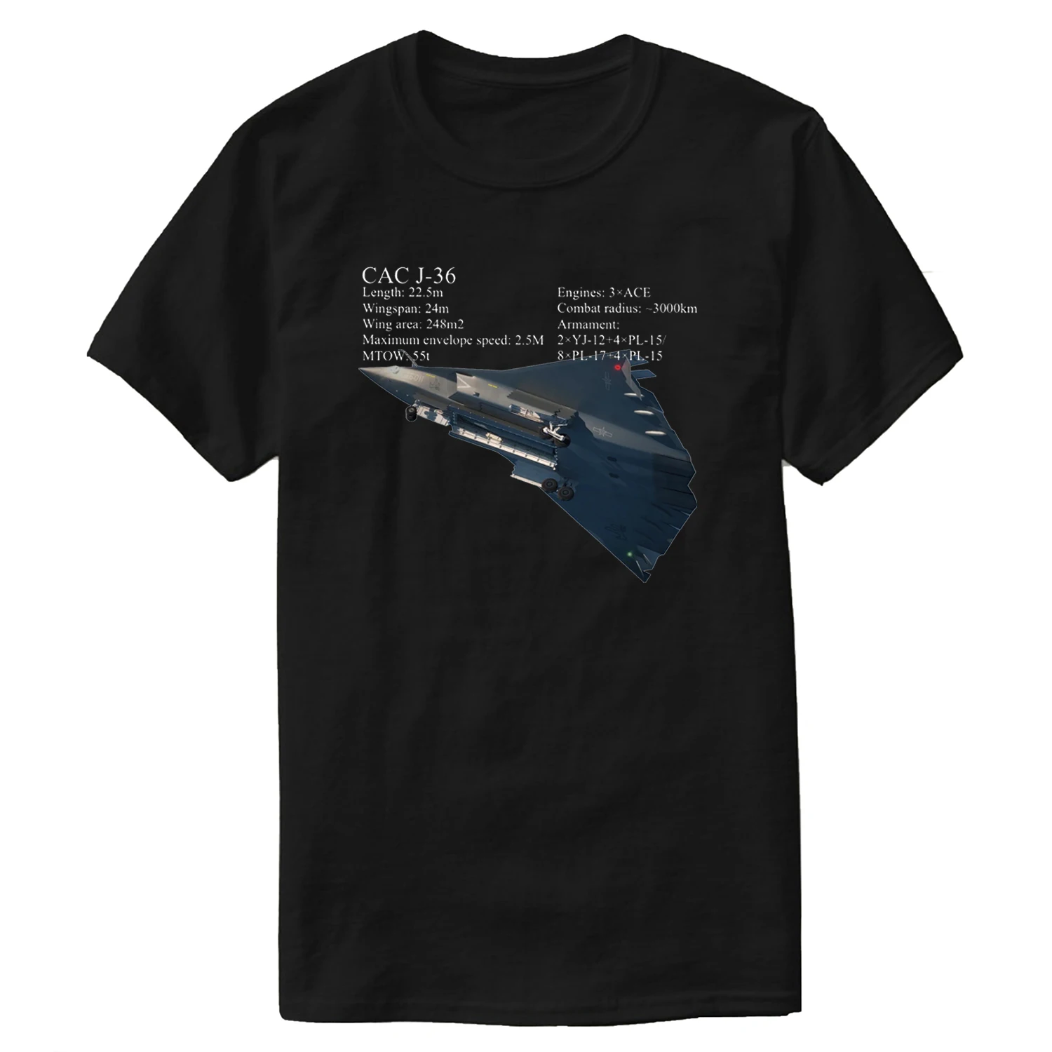 

China 6th Gen Combat Aircraft CAC J-36 Stealth Fighter T-Shirt 100% Cotton O-Neck Short Sleeve Summer Casual Mens T-shirt