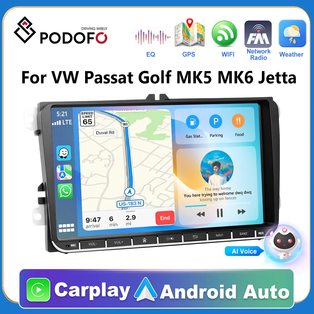 

Podofo Android 2Din Car Radio Stereo GPS Navigation BT Carplay Player for VW Passat Golf MK5/6 Jetta T5 EOS POLO Touran Seat