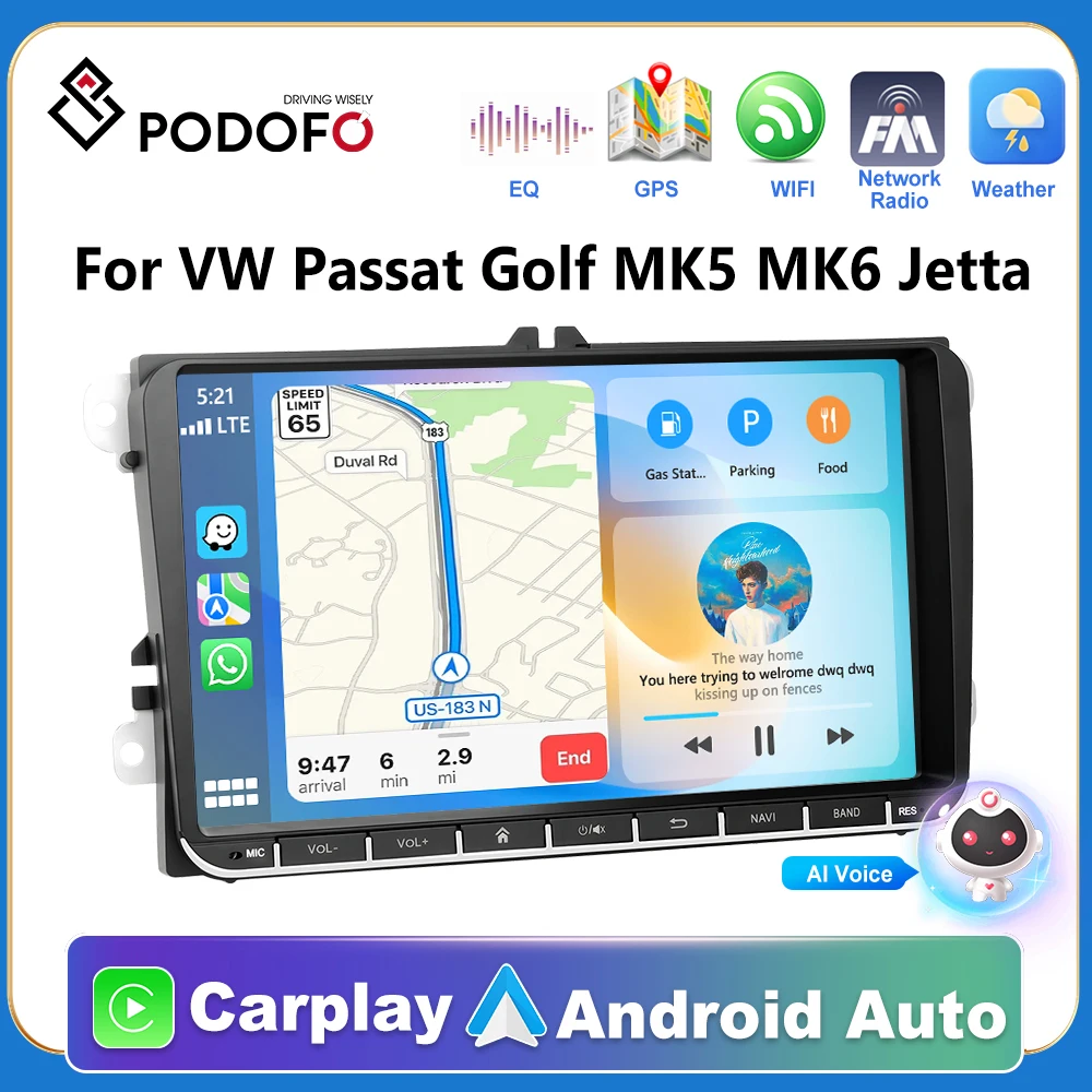 Podofo Android 2Din Car Radio Stereo GPS Navigation BT Carplay Player for VW Passat Golf MK5/6 Jetta T5 EOS POLO Touran Seat