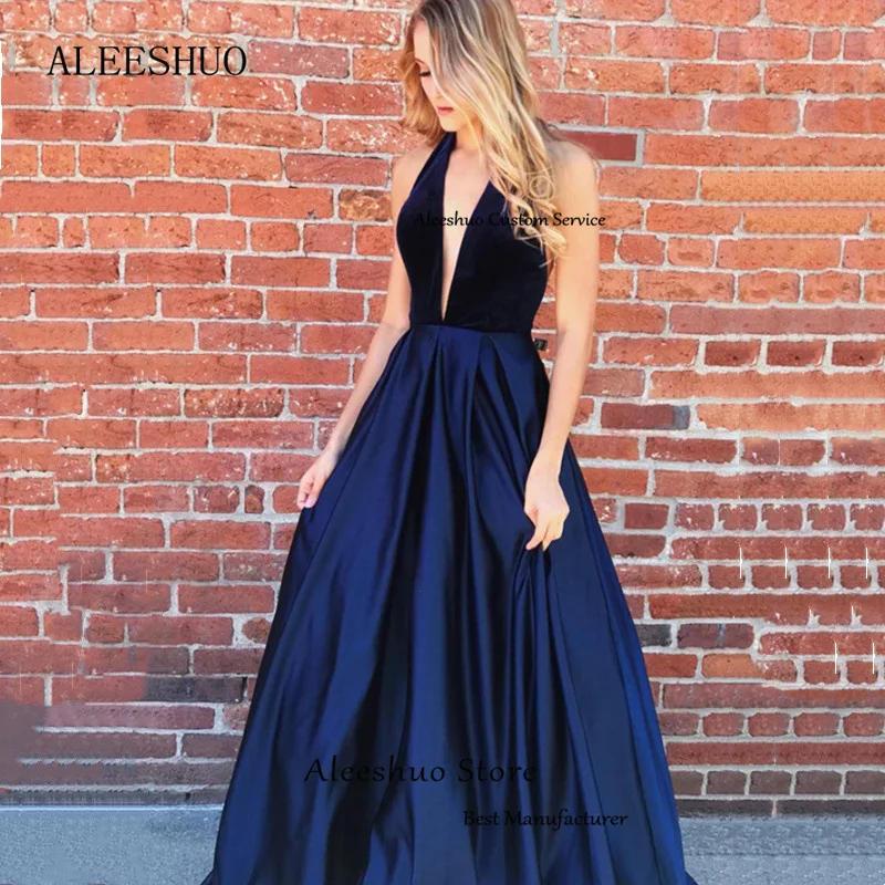 Aleeshuo einfache tiefe V-Ausschnitt Satin Ballkleider sexy rücken freie Party kleider a-line bodenlangen Abendkleid Robe de Soiree 2023