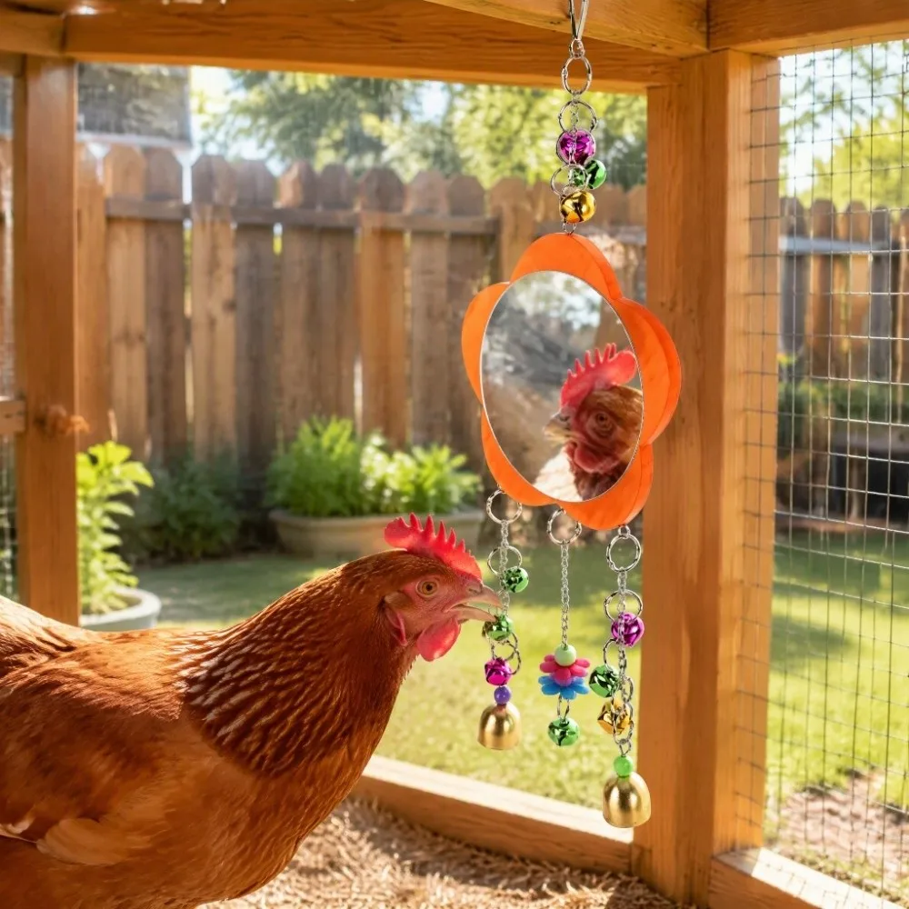 Broken Resistant Pet Chicken Toy Wood Plastic Chicken Hanging Mirror Non Toxic Colored Bells Rooster Toy Mirror Coop Play