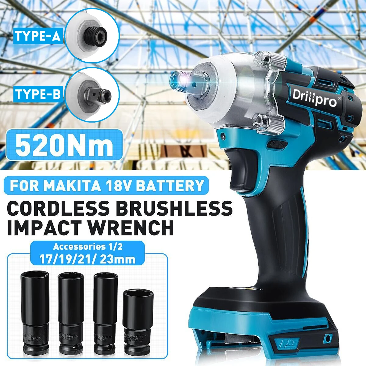 

Drillpro 520Nm Cordless Brushless Impact Electric Screwdriver Stepless Speed Rechargable Driver Adapted for 18V Makiita Battery