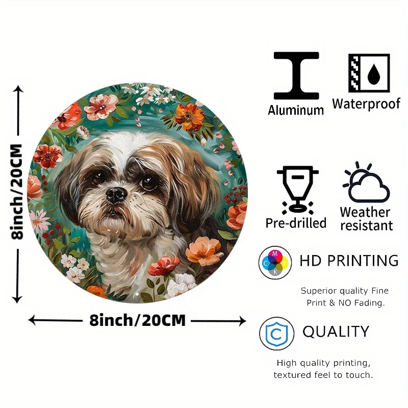 Aluminum Metal Sign Round Decorative Wreath, Wall Door Hanger, Waterproof HD Printed Art, Weather-Resistant Shih Tzu Dog