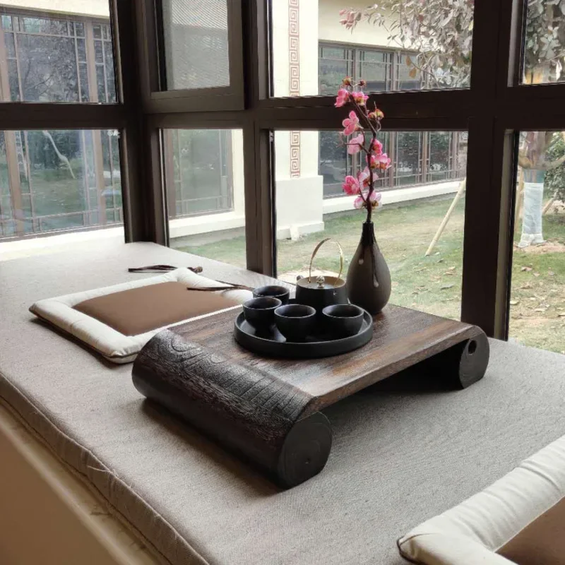 

Japanese Style Tea Table Small Bay Window Low Table Solid Wood Balcony Table with Wooden Cushion Minimalist Home Decor