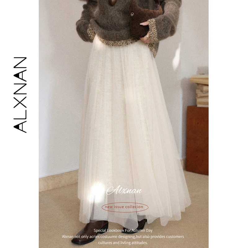 

ALXNAN White Pleated Mesh Maxi Skirt Women High Waist A-line Long Skirt Elegant Winter Fall Soft Asymmetric Hem Skirts L60009