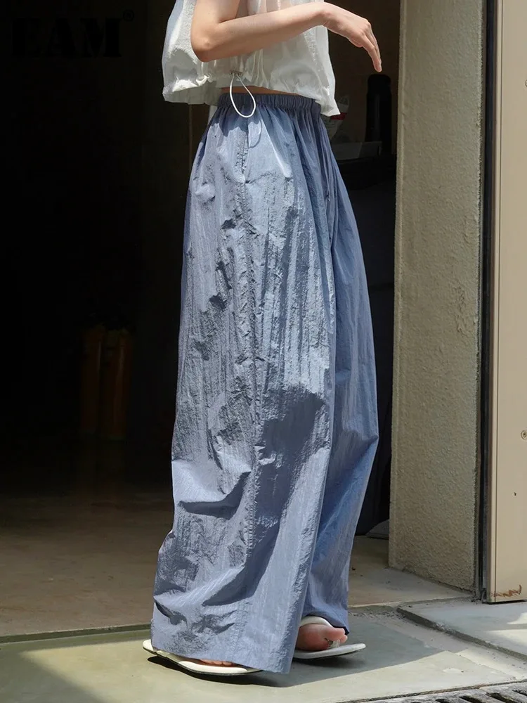 

[EAM] High Elastic Waist Green Brief Long Wide Leg Pants New Loose Fit Trousers Women Fashion Tide Spring Summer 2024 1DF9892