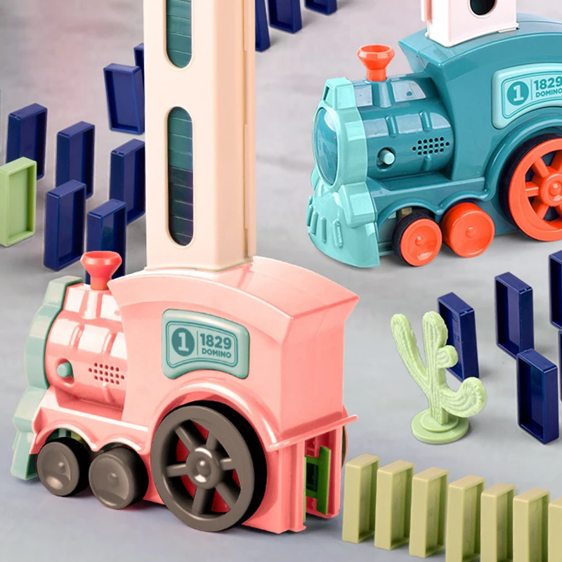 Juego de tren de dominó eléctrico para niños, juego de bloques de ladrillo de dominó de colocación automática, sonido y luz, regalo educativo de Navidad