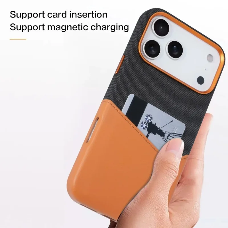 Etui na iPhone 17 Pro Max z teksturą skóry i materiału, z przegródką na karty i magnetycznym zamknięciem, pasujące również do iPhone 16, 15, 14 Plus, 13, 12 — zdjęcie produktu 2