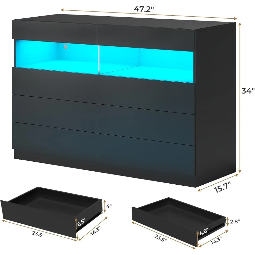 Gavetas do quarto com luz RGB, armário de armazenamento largo de madeira, sem alça dupla, 8 gavetas e 2 espaços abertos