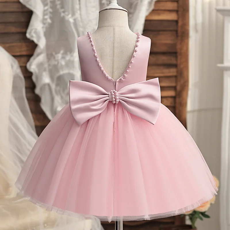 

Toddler Girl Flower Birthday Tulle Dress Backless Bow Wedding Gown Kids Party Wear Princess Pink Dress Baby Girl Bowknot Dresses