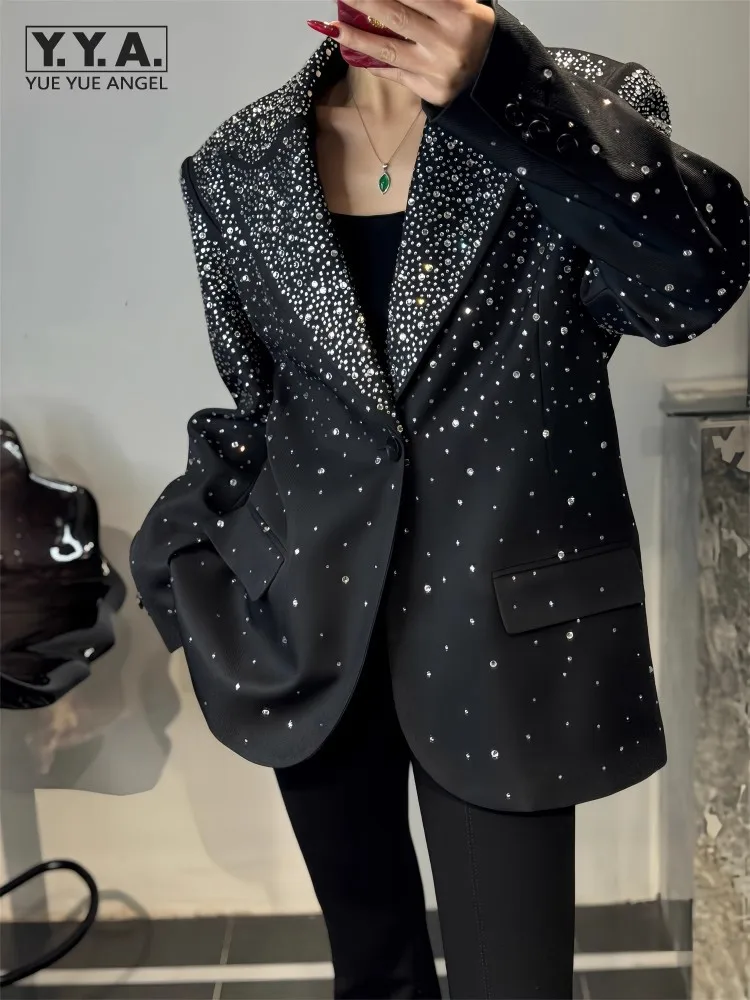 Spring Office Ladies Suit Jacket Fashion Loose Fit Diamonds Design Black Blazers Tops Long Sleeve New Women Elegant Outerwear