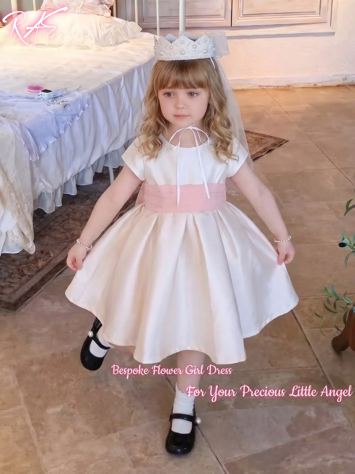 Elegant Ivory Satin Flower Girl Dress For Wedding Birthday First Communion Short Puffy Short Sleeve Pink Bow Sash Gowns