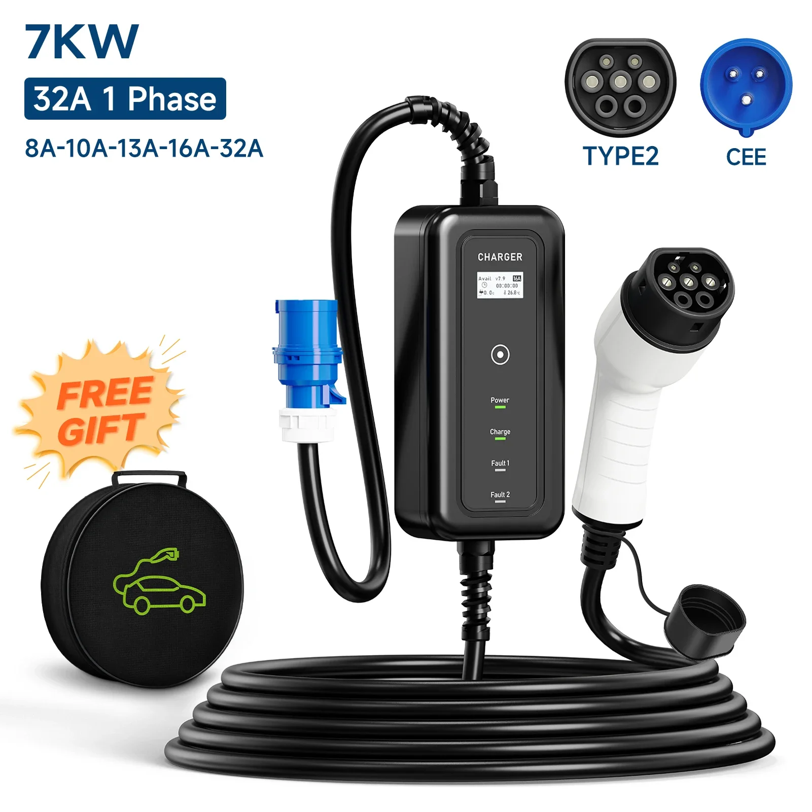 32A 7KW Portable EV Charger EVSE Charging Box Type2 IEC 62196-2 Cable CEE Plug Type1 J1772 Adapter Wallbox for Electric Vehicle