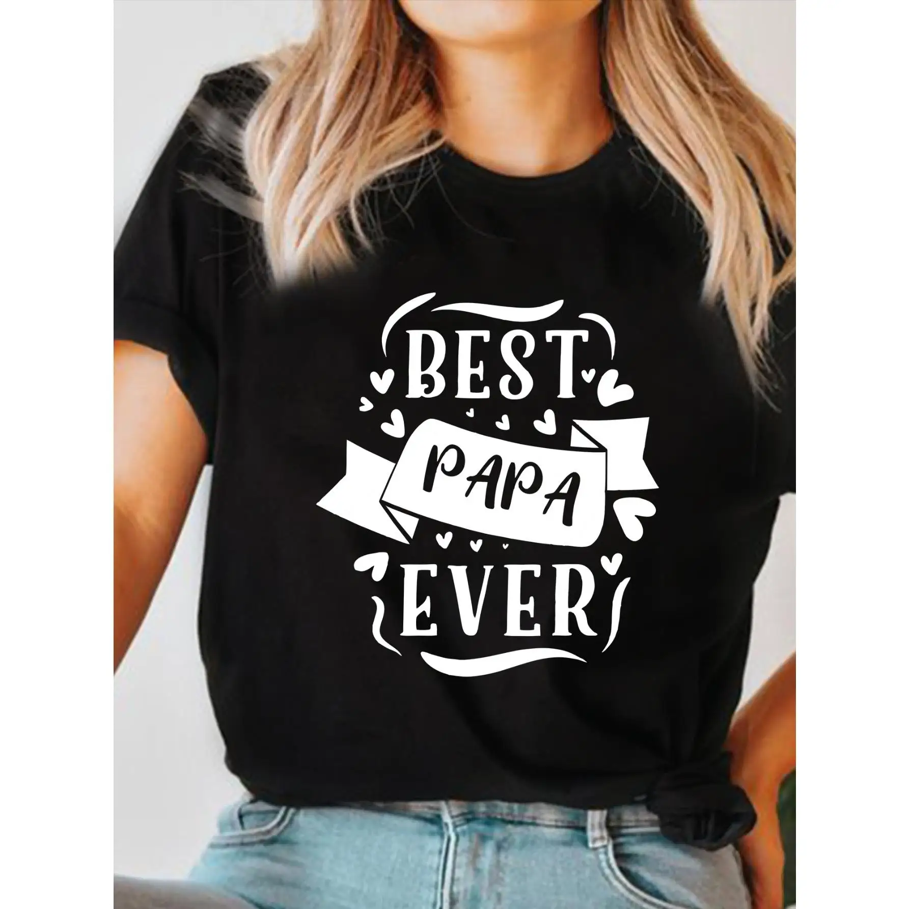 

Best Dad Ever" Graphic Tee for Women- Casual Crew Neck, Short Sleeve T-Shirt with Stretchy Blend, Perfect Father'S Day Gift