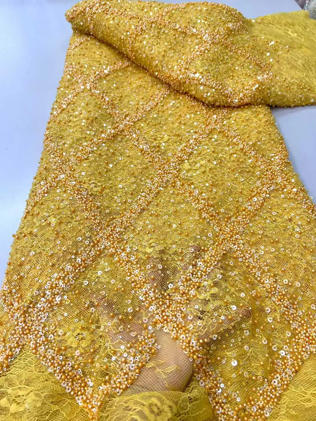 Luxury African Sequins Beaded Chantilly Lace Fabric 2025 High Quality Lace 5Yards Pink French  Fabric for Party Dress Sew CC1581