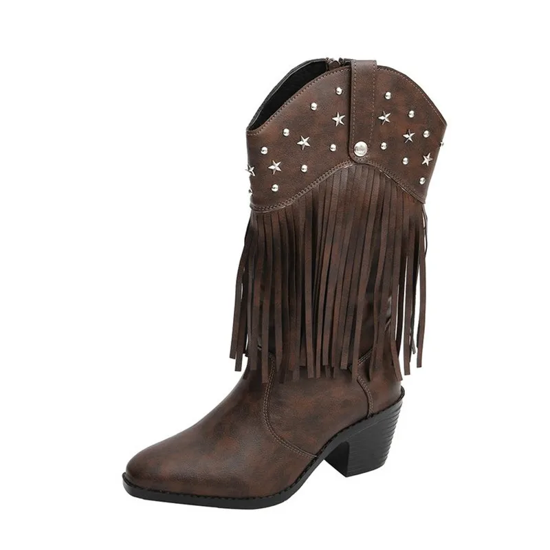 Women Western Cowboy Mid Calf Boots Fashion Block Heel Pointed Toe Star Rivet Tassel Retro Cowgirl Boots for Festival Party Shoe