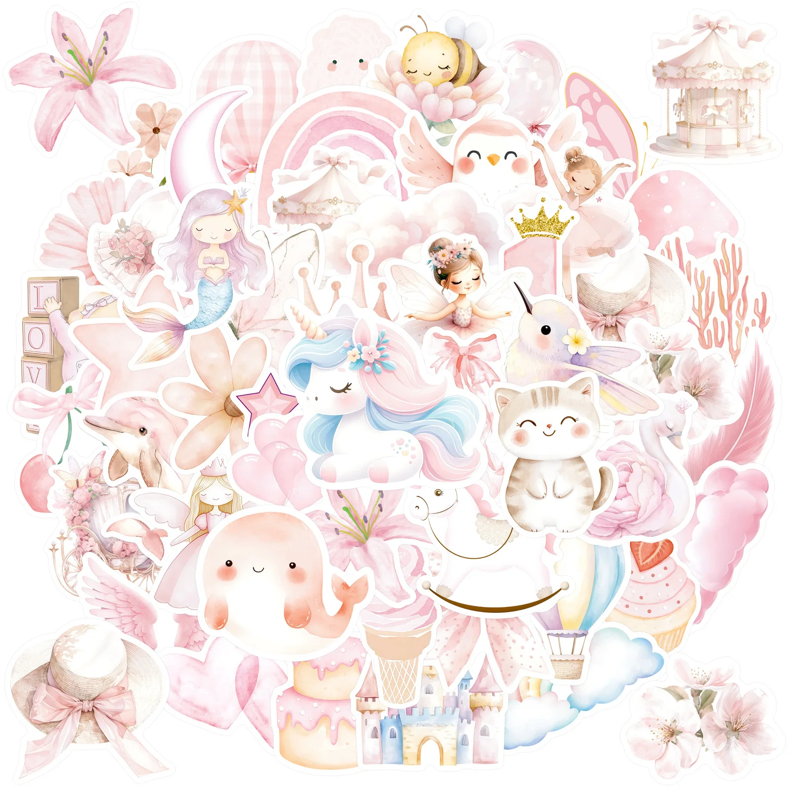 50Pcs Cute Pink Watercolor Princess Style Stickers for Decorating Files Cups Guitars Notes Waterproof Paper Crafts
