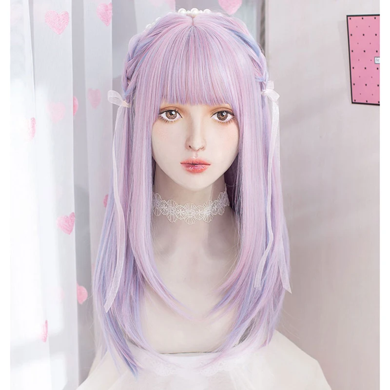 VICWIG Lolita Wig Synthetic With Bangs for Women Long Straight Pink Purple Hair Wig Cosplay Party Heat Resistant