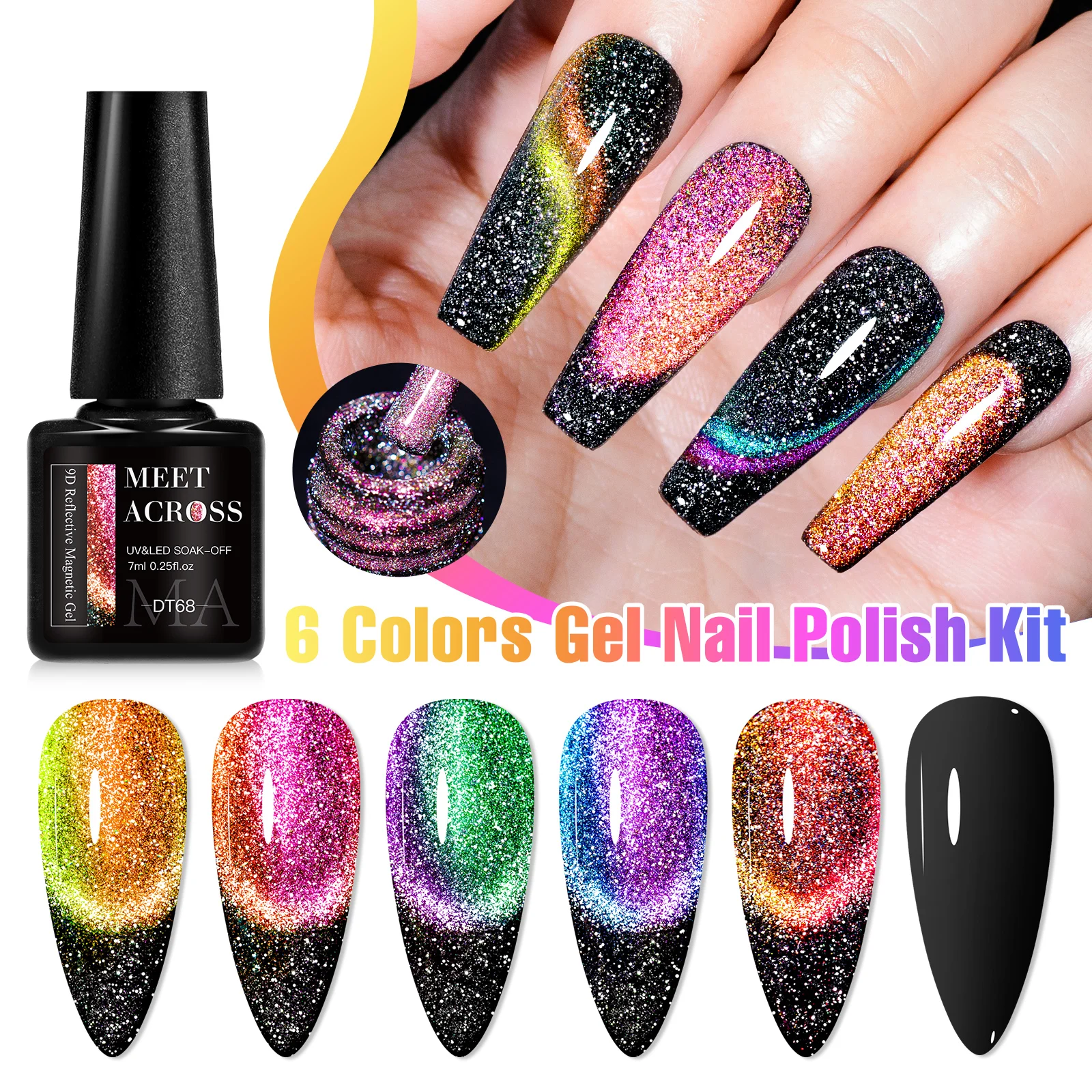 6Pcs Cat Eyes Magnetic Gel Nail Polish Cat Magnetic Aurora Spar Glitter Semi-Permanant Varnish Nail Art Nail Supplies Kit